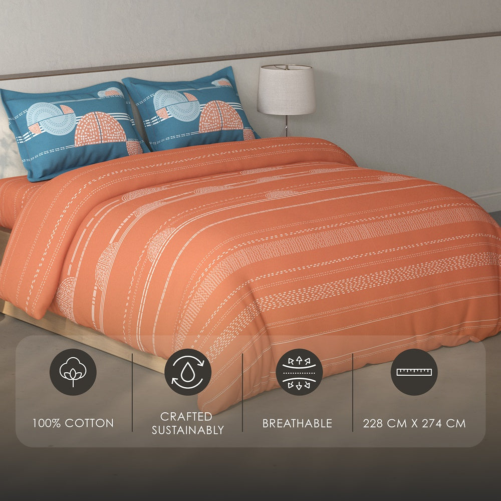 Spaces Fiora 100% Cotton Geometric Double Bedsheet with 2 Pillow Covers - 90 x 108 Inches, Rust