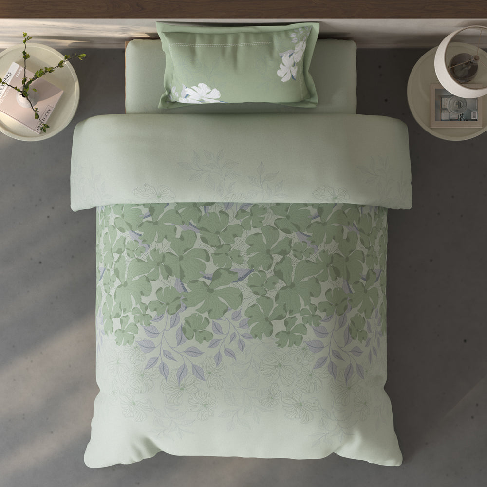 Spaces Fiora Floral 100% Cotton Single Bedsheet with 1 Pillow Covers - 59 x 89 Inches, Light Aqua