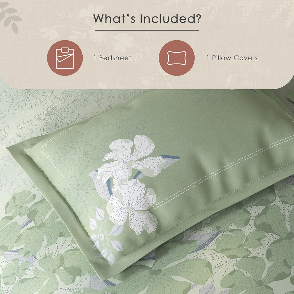 Spaces Fiora Floral 100% Cotton Single Bedsheet with 1 Pillow Covers - 59 x 89 Inches, Light Aqua