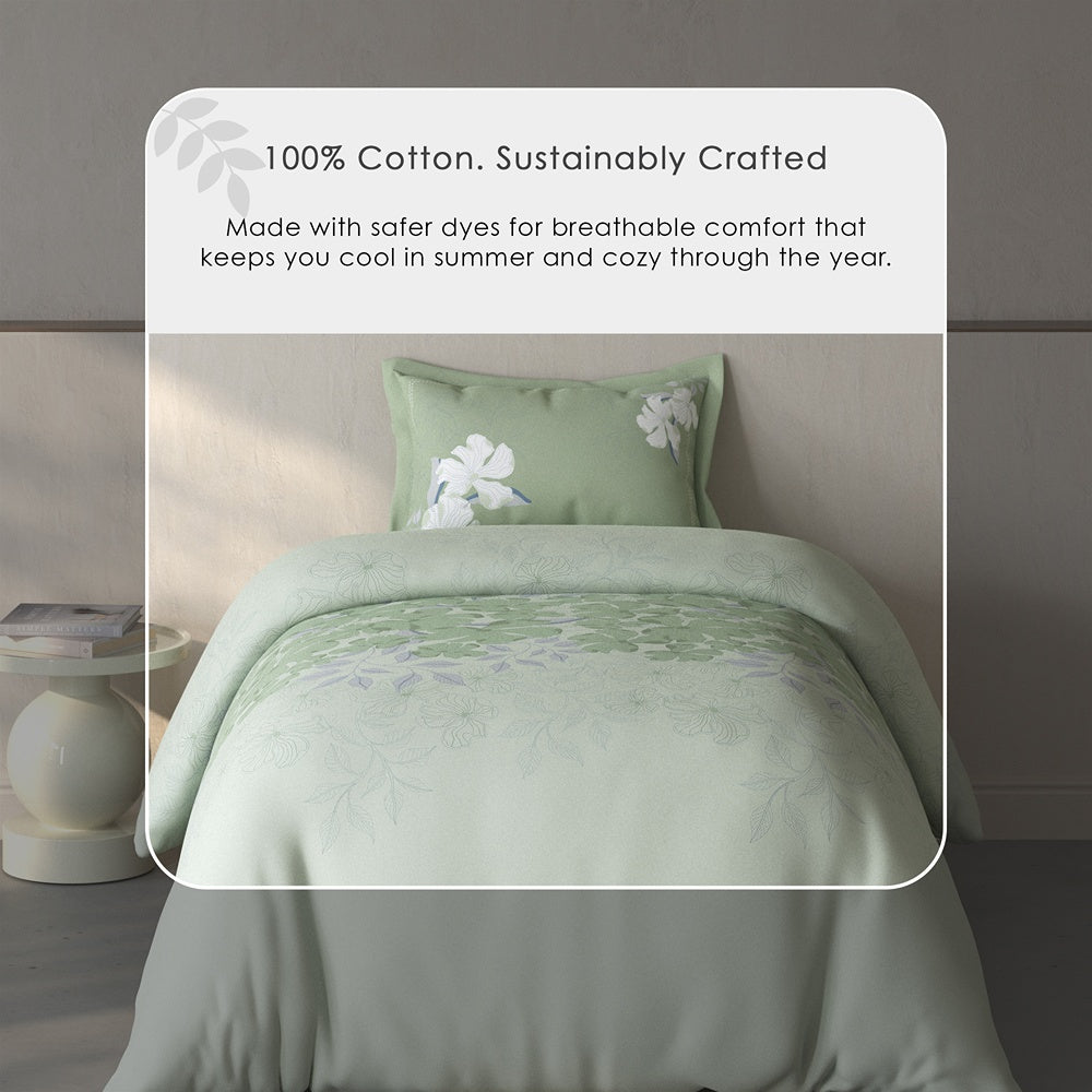 Spaces Fiora Floral 100% Cotton Single Bedsheet with 1 Pillow Covers - 59 x 89 Inches, Light Aqua
