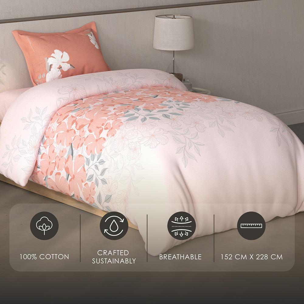 Spaces Fiora Floral 100% Cotton Single Bedsheet with 1 Pillow Covers - 59 x 89 Inches, Light Pink