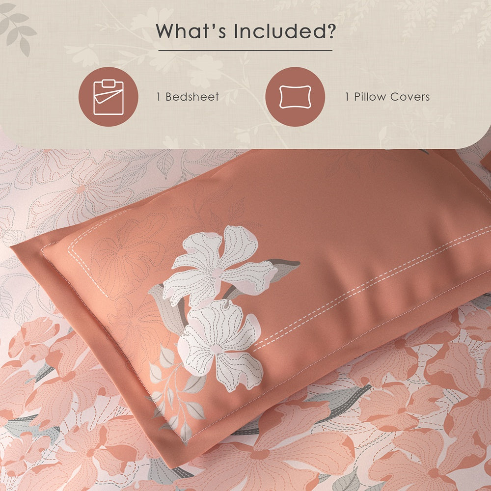 Spaces Fiora Floral 100% Cotton Single Bedsheet with 1 Pillow Covers - 59 x 89 Inches, Light Pink