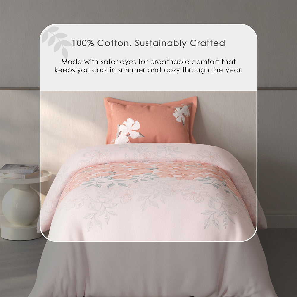 Spaces Fiora Floral 100% Cotton Single Bedsheet with 1 Pillow Covers - 59 x 89 Inches, Light Pink