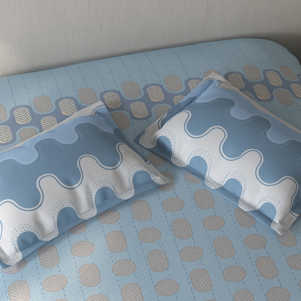 Spaces Fiora Geometric 100% Cotton Single Bedsheet with 1 Pillow Covers - 59 x 89 Inches, Blue