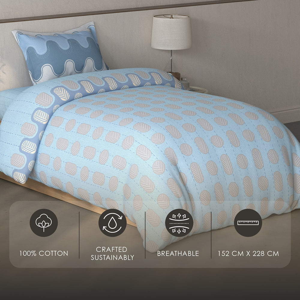 Spaces Fiora Geometric 100% Cotton Single Bedsheet with 1 Pillow Covers - 59 x 89 Inches, Blue