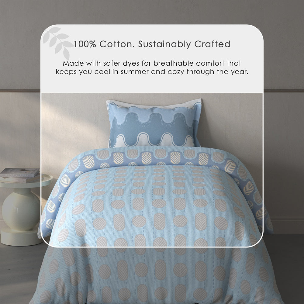 Spaces Fiora Geometric 100% Cotton Single Bedsheet with 1 Pillow Covers - 59 x 89 Inches, Blue