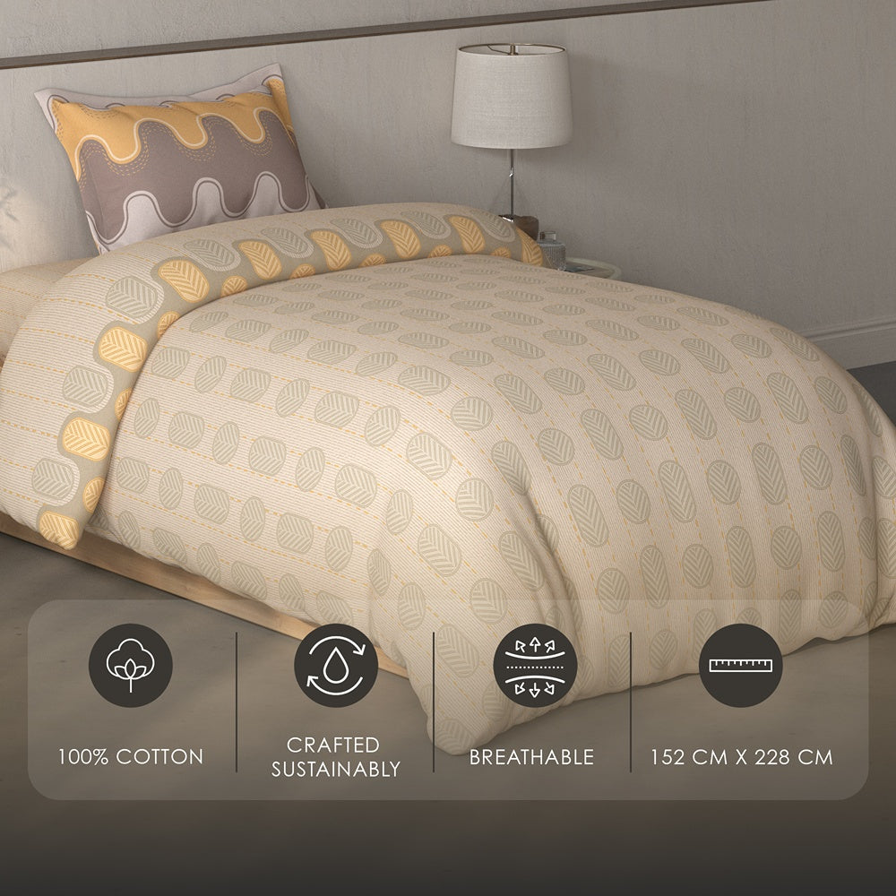 Spaces Fiora Geometric 100% Cotton Single Bedsheet with 1 Pillow Covers - 59 x 89 Inches, Beige