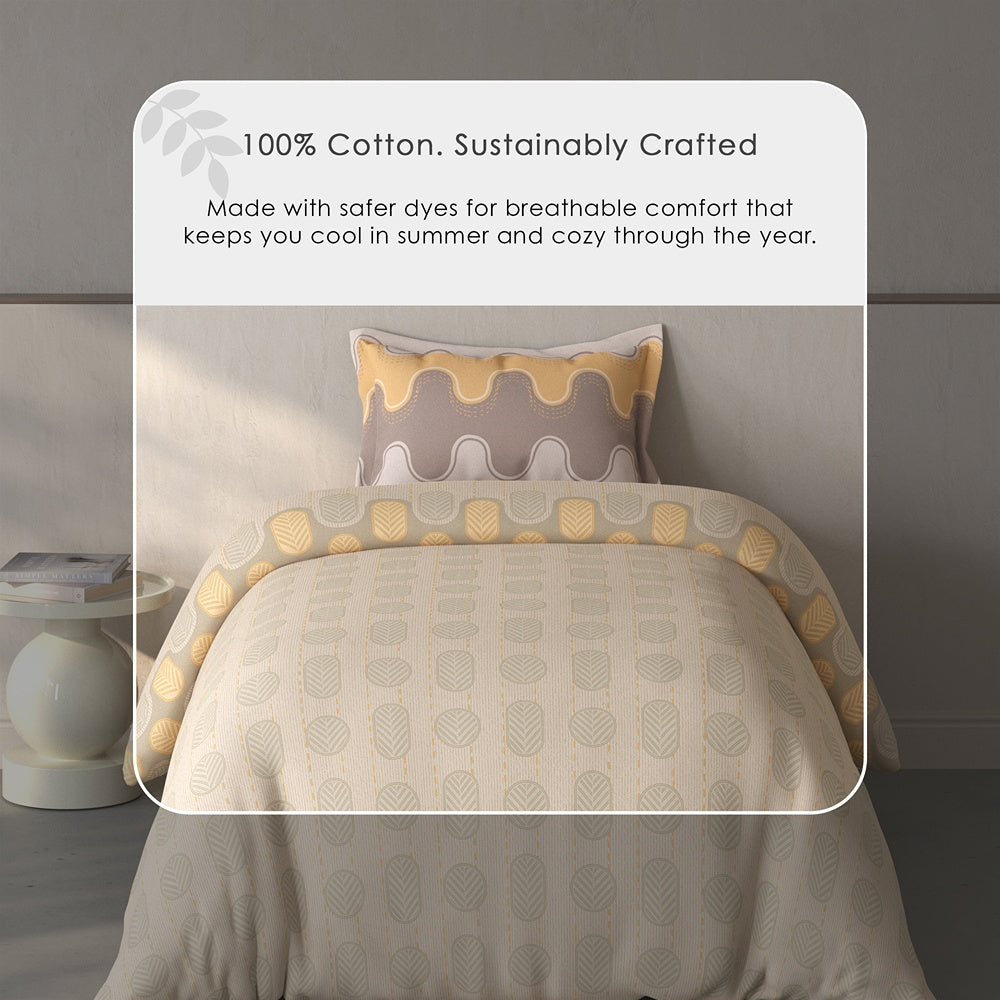 Spaces Fiora Geometric 100% Cotton Single Bedsheet with 1 Pillow Covers - 59 x 89 Inches, Beige
