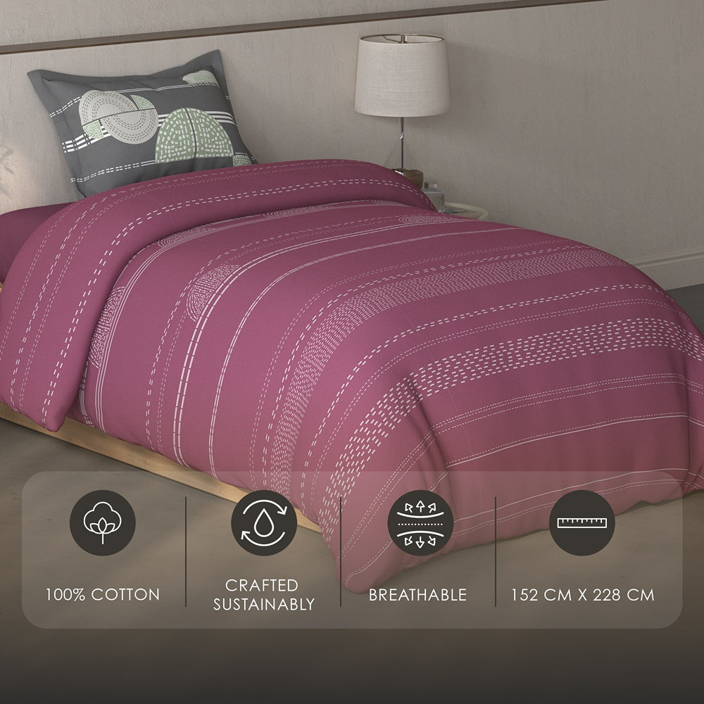 Spaces Fiora Geometric 100% Cotton Single Bedsheet with 1 Pillow Covers - 59 x 89 Inches, Dark Blush