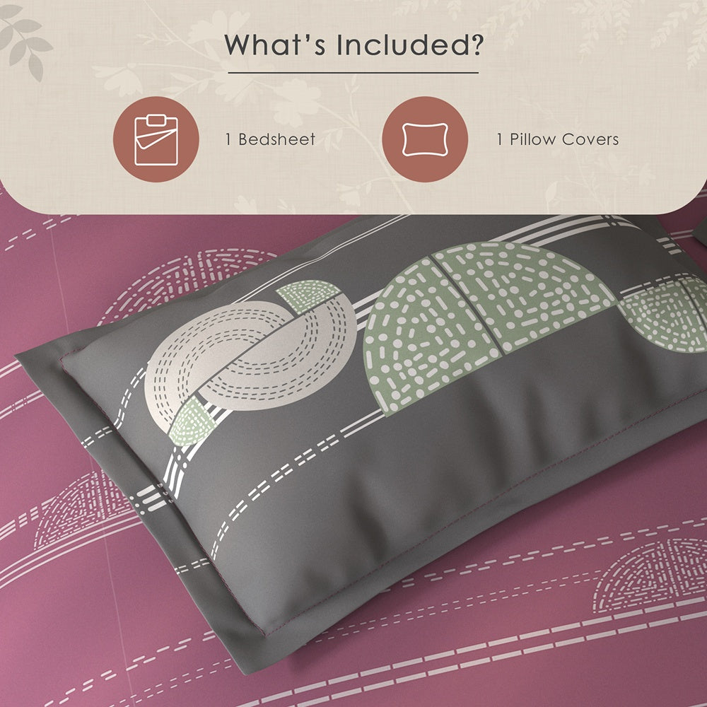 Spaces Fiora Geometric 100% Cotton Single Bedsheet with 1 Pillow Covers - 59 x 89 Inches, Dark Blush