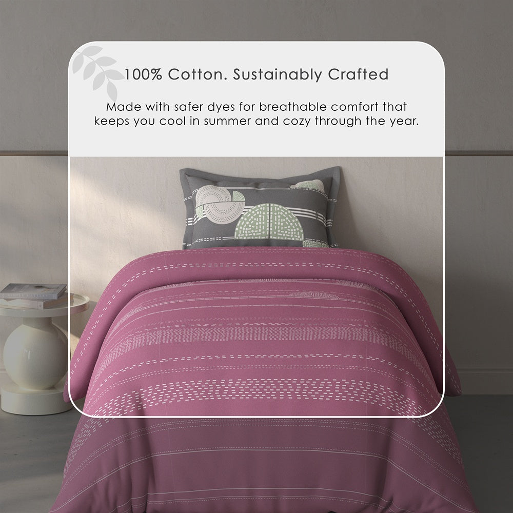 Spaces Fiora Geometric 100% Cotton Single Bedsheet with 1 Pillow Covers - 59 x 89 Inches, Dark Blush