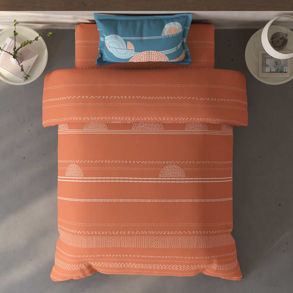 Spaces Fiora Geometric 100% Cotton Single Bedsheet with 1 Pillow Covers - 59 x 89 Inches, Rust