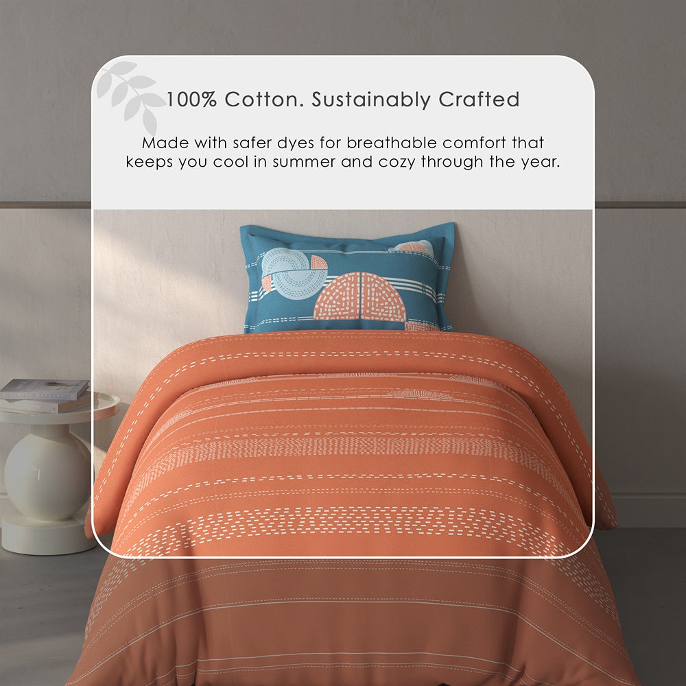Spaces Fiora Geometric 100% Cotton Single Bedsheet with 1 Pillow Covers - 59 x 89 Inches, Rust
