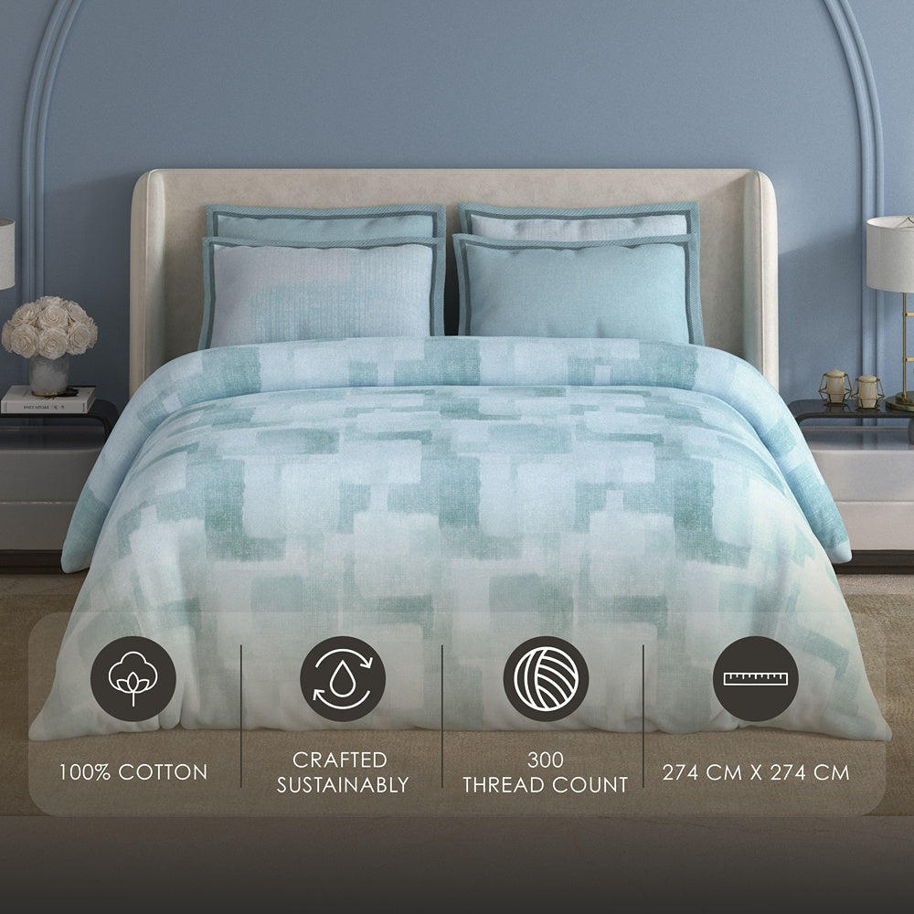 Spaces Meraki 100% Cotton 300 TC Abstract Premium Large Bedsheet with 4 Pillow Covers - 108 x 108 Inches, Light Blue