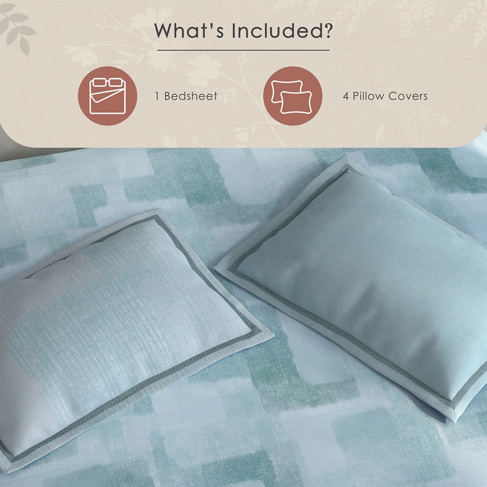 Spaces Meraki 100% Cotton 300 TC Abstract Premium Large Bedsheet with 4 Pillow Covers - 108 x 108 Inches, Light Blue