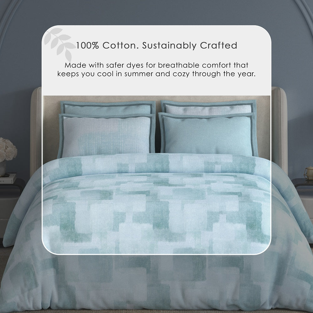 Spaces Meraki 100% Cotton 300 TC Abstract Premium Large Bedsheet with 4 Pillow Covers - 108 x 108 Inches, Light Blue