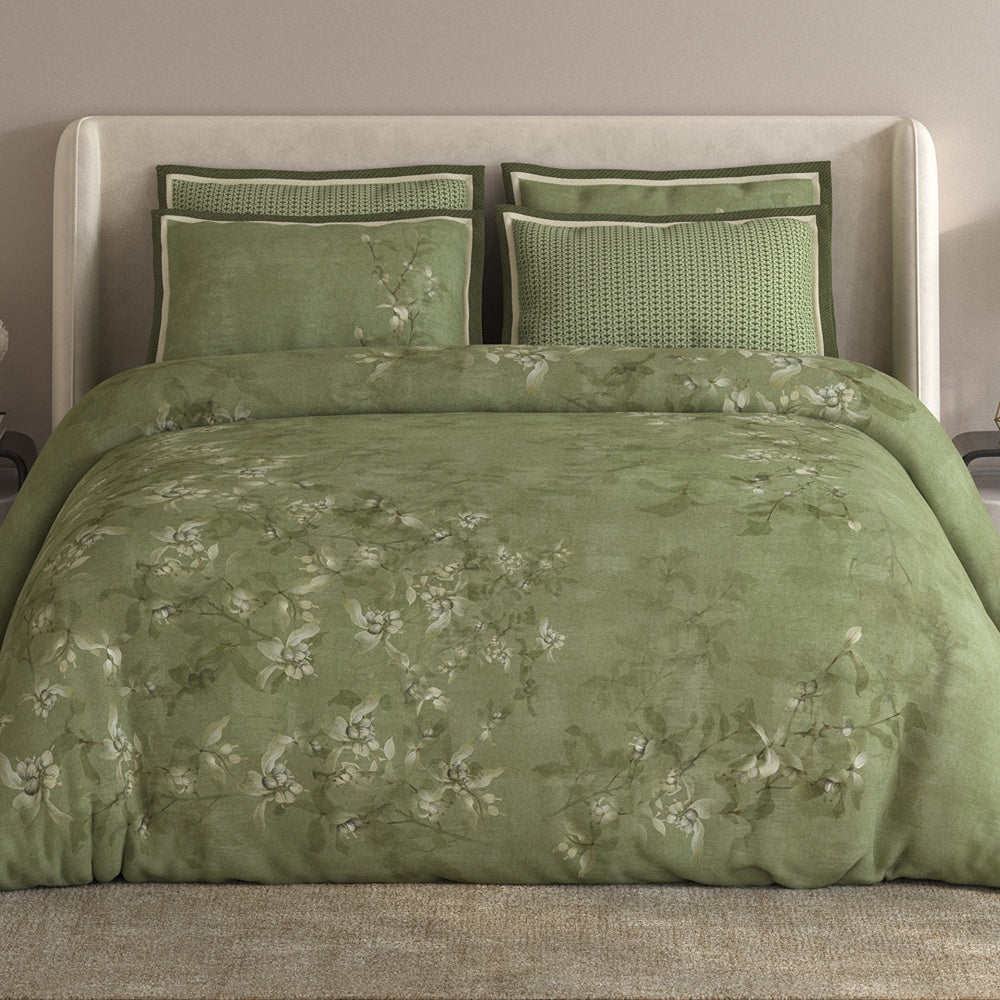 Spaces Meraki 100% Cotton 300 TC Floral Premium Large Bedsheet with 4 Pillow Covers - 108 x 108 Inches, Light Green