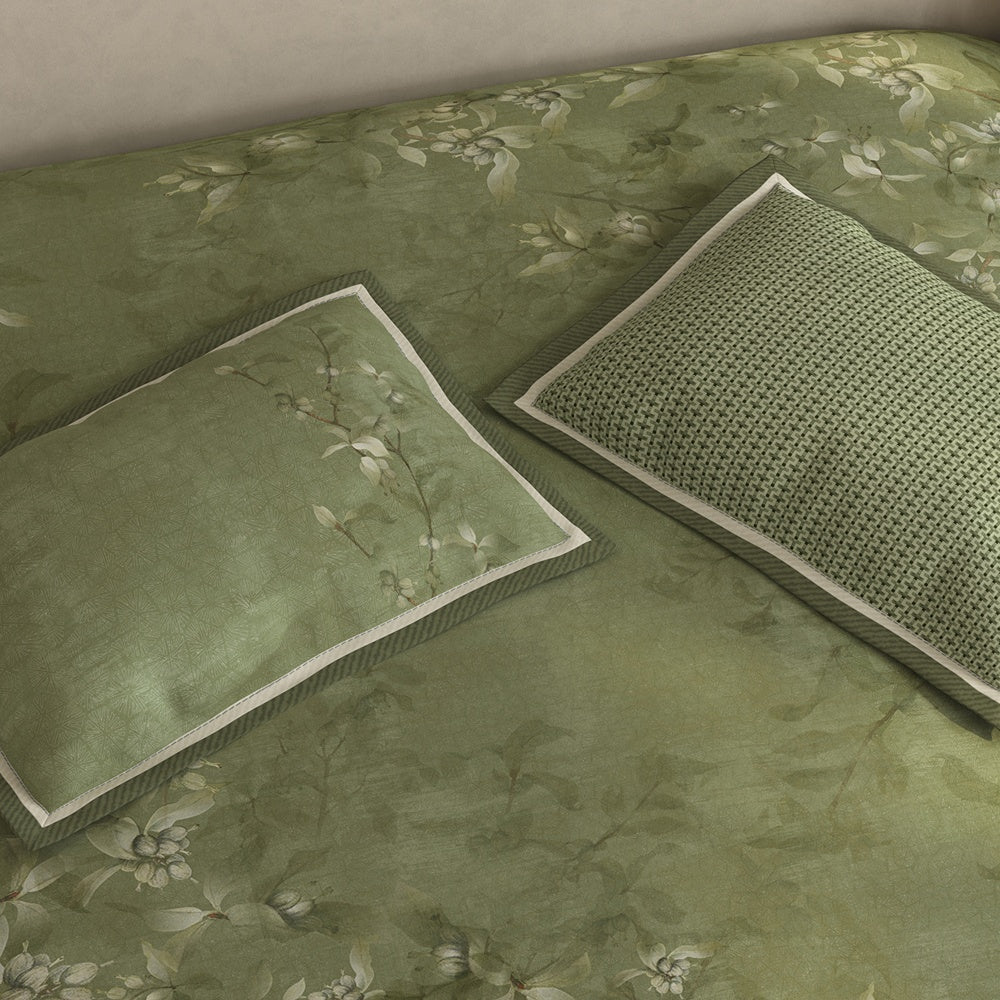 Spaces Meraki 100% Cotton 300 TC Floral Premium Large Bedsheet with 4 Pillow Covers - 108 x 108 Inches, Light Green