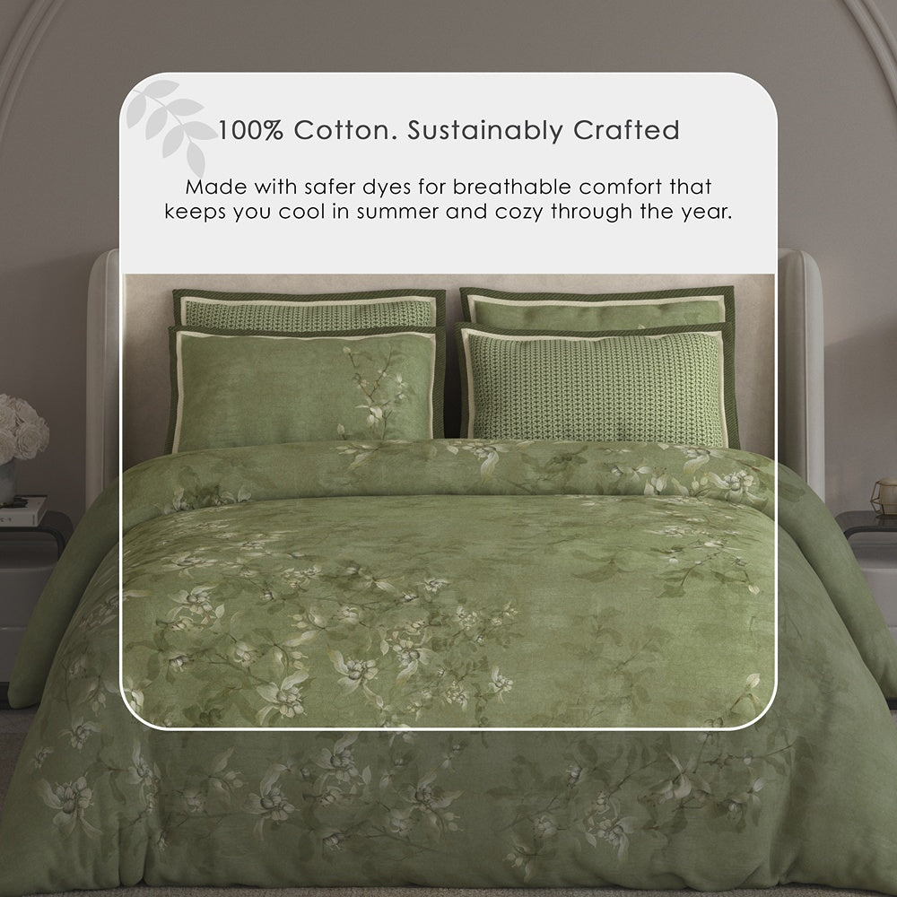 Spaces Meraki 100% Cotton 300 TC Floral Premium Large Bedsheet with 4 Pillow Covers - 108 x 108 Inches, Light Green