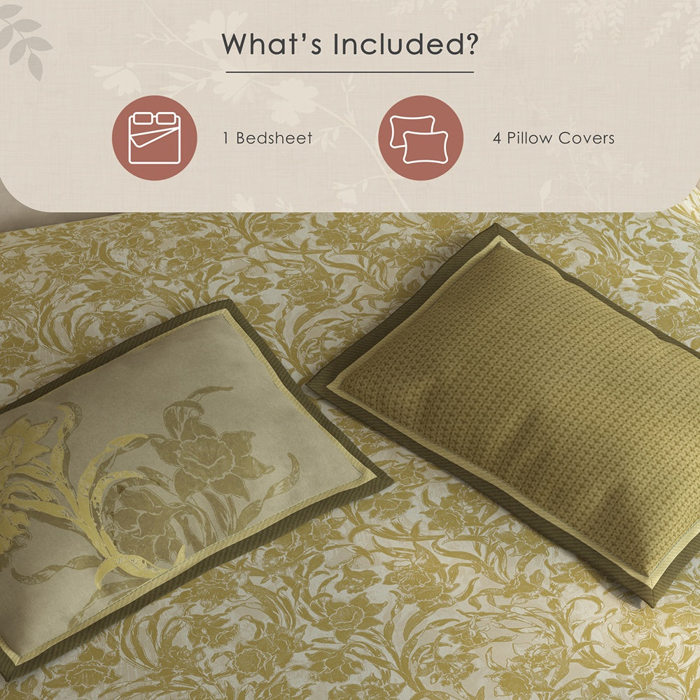 Spaces Meraki 100% Cotton 300 TC Floral Premium Large Bedsheet with 4 Pillow Covers - 108 x 108 Inches, Dark Yellow