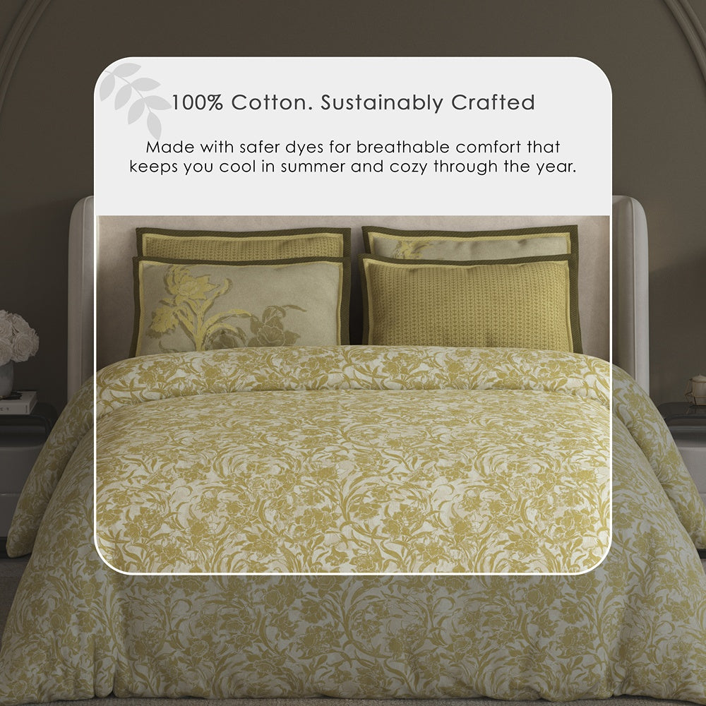 Spaces Meraki 100% Cotton 300 TC Floral Premium Large Bedsheet with 4 Pillow Covers - 108 x 108 Inches, Dark Yellow