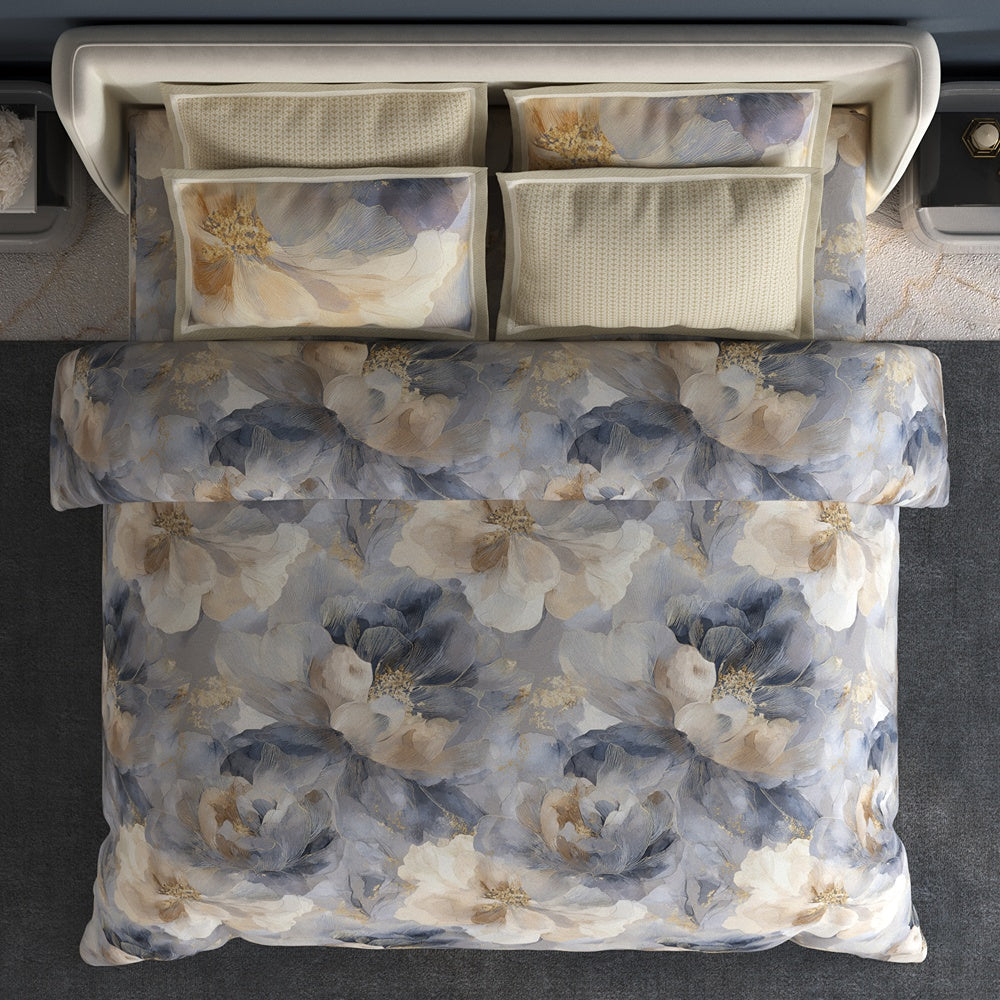 Spaces Meraki 100% Cotton 300 TC Floral Premium Large Bedsheet with 4 Pillow Covers - 108 x 108 Inches, Light Grey