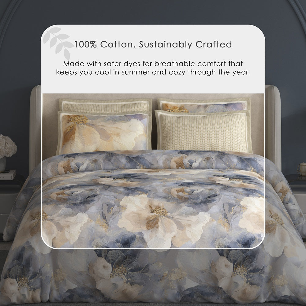 Spaces Meraki 100% Cotton 300 TC Floral Premium Large Bedsheet with 4 Pillow Covers - 108 x 108 Inches, Light Grey