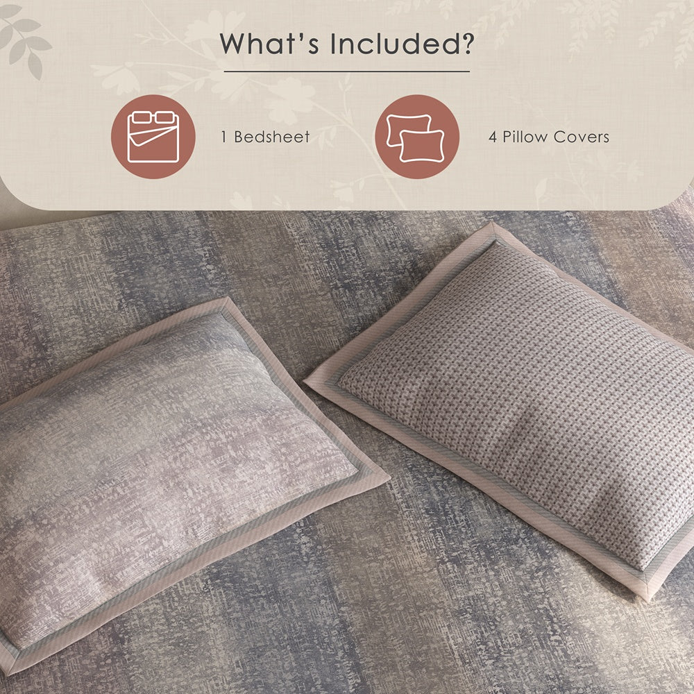 Spaces Meraki 100% Cotton 300 TC Floral Premium Large Bedsheet with 4 Pillow Covers - 108 x 108 Inches, Light Taupe