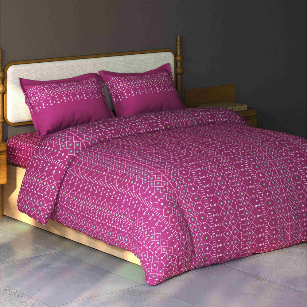 Spaces Aurum Geometric Polycotton 132 TC Double Bedsheet with 2 Pillow Covers - 88 x 100 Inches, Dark Pink