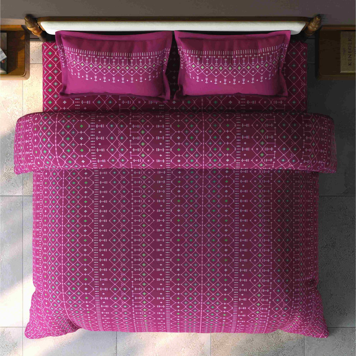 Spaces Aurum Geometric Polycotton 132 TC Double Bedsheet with 2 Pillow Covers - 88 x 100 Inches, Dark Pink
