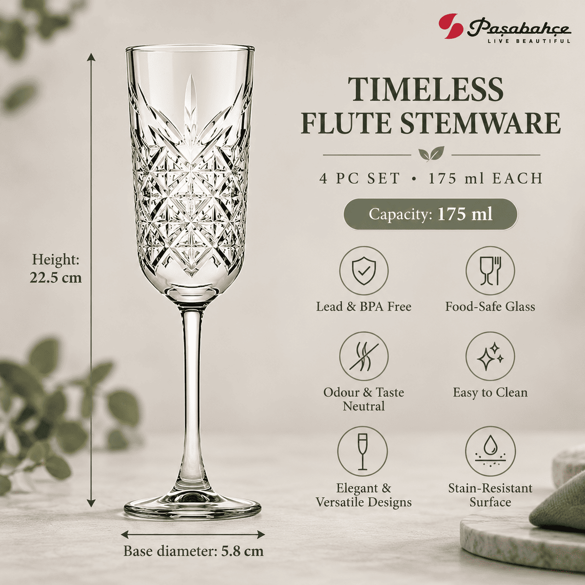 Pasabahce Timeless Flute Stem Glasses Set of 4 - 175 ml, Transparent