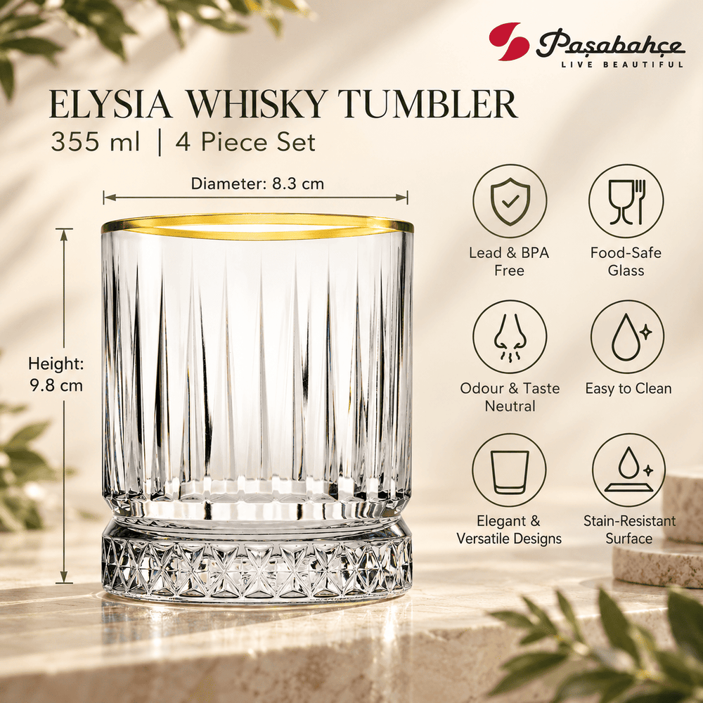 Pasabahce Elysia Whisky Tumbler Glass Set of 4 -  355 ml, Transparent