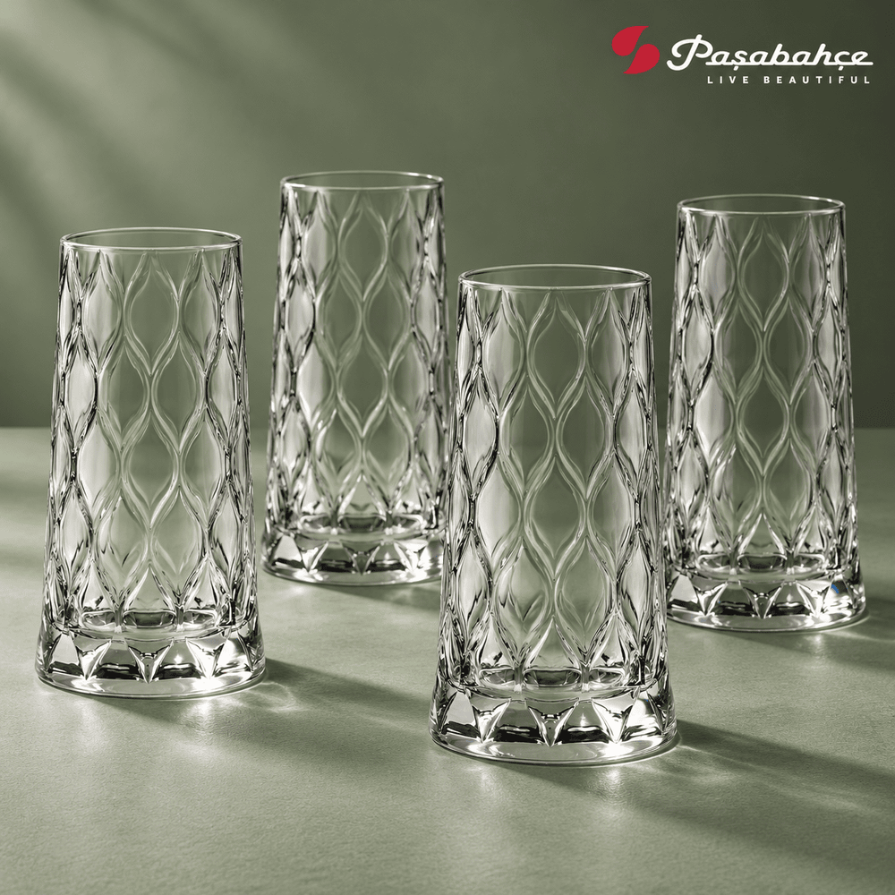 Pasabahce Leafy Water Tumbler Glass Set of 4 -  345 ml, Transparent