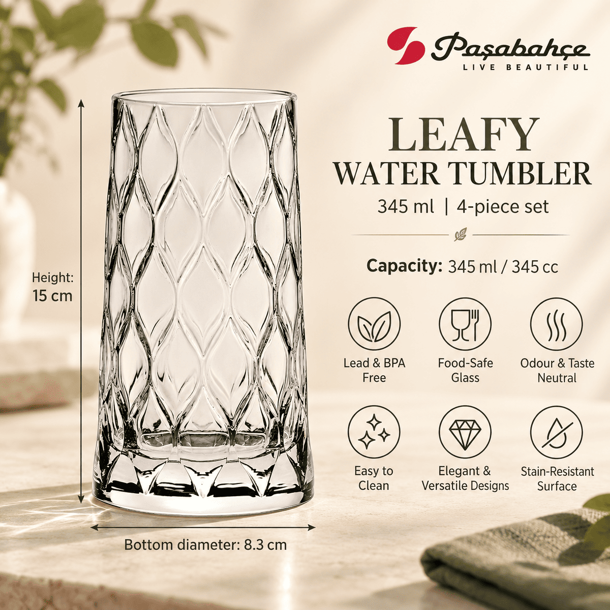 Pasabahce Leafy Water Tumbler Glass Set of 4 -  345 ml, Transparent