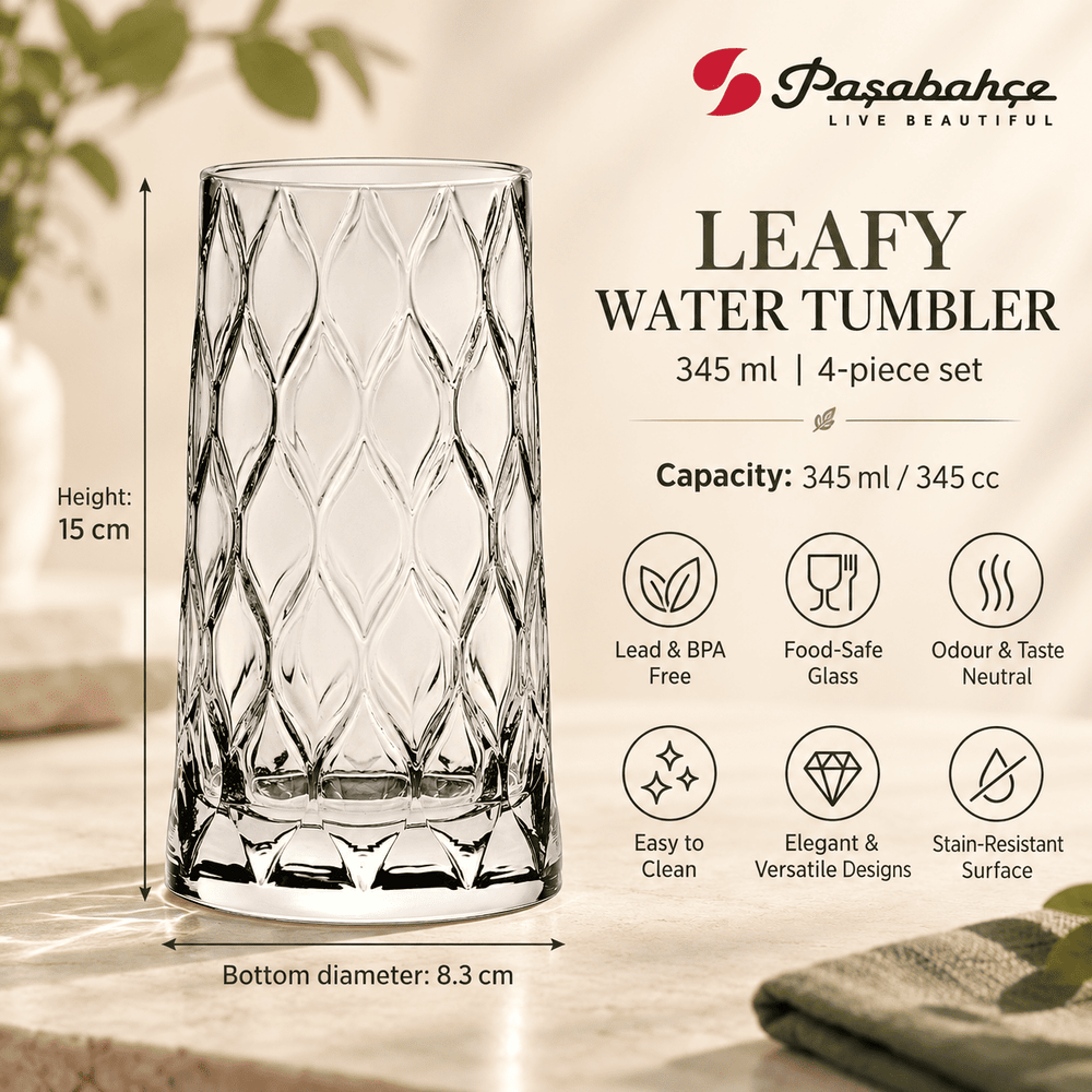 Pasabahce Leafy Water Tumbler Glass Set of 4 -  345 ml, Transparent