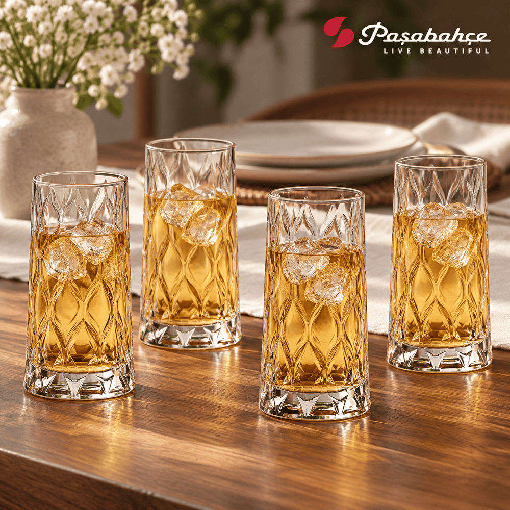 Pasabahce Leafy Water Tumbler Glass Set of 4 -  345 ml, Transparent
