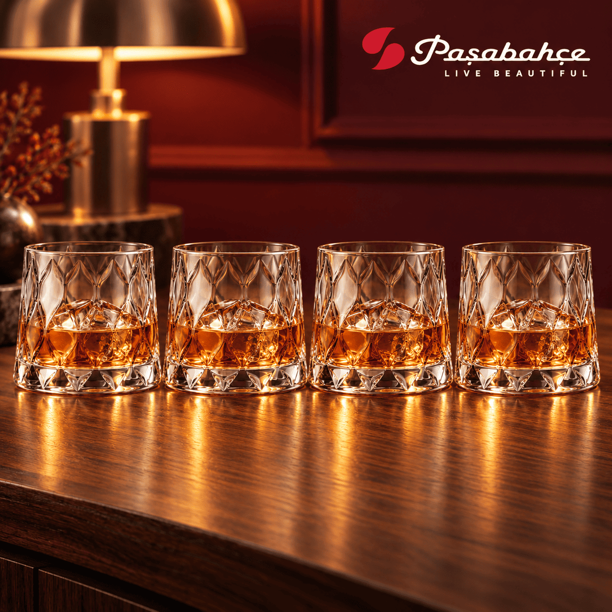 Pasabahce Leafy Whisky Tumbler Glass Set of 4 -  300 ml, Transparent