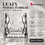 Pasabahce Leafy Whisky Tumbler Glass Set of 4 -  300 ml, Transparent