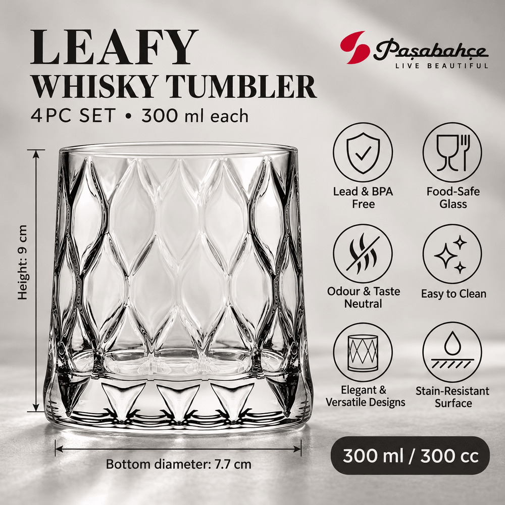 Pasabahce Leafy Whisky Tumbler Glass Set of 4 -  300 ml, Transparent