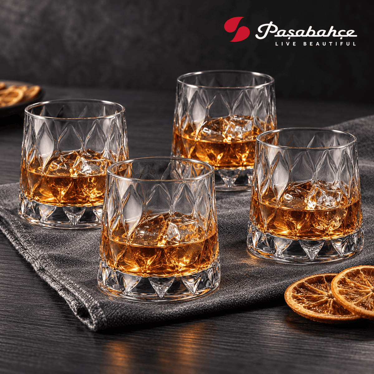 Pasabahce Leafy Whisky Tumbler Glass Set of 4 -  300 ml, Transparent