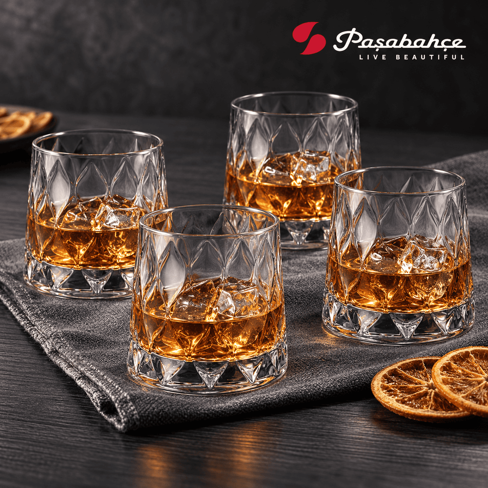 Pasabahce Leafy Whisky Tumbler Glass Set of 4 -  300 ml, Transparent