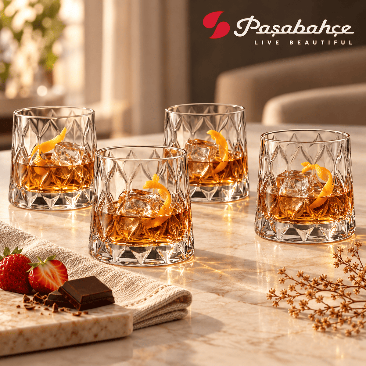 Pasabahce Leafy Whisky Tumbler Glass Set of 4 -  300 ml, Transparent