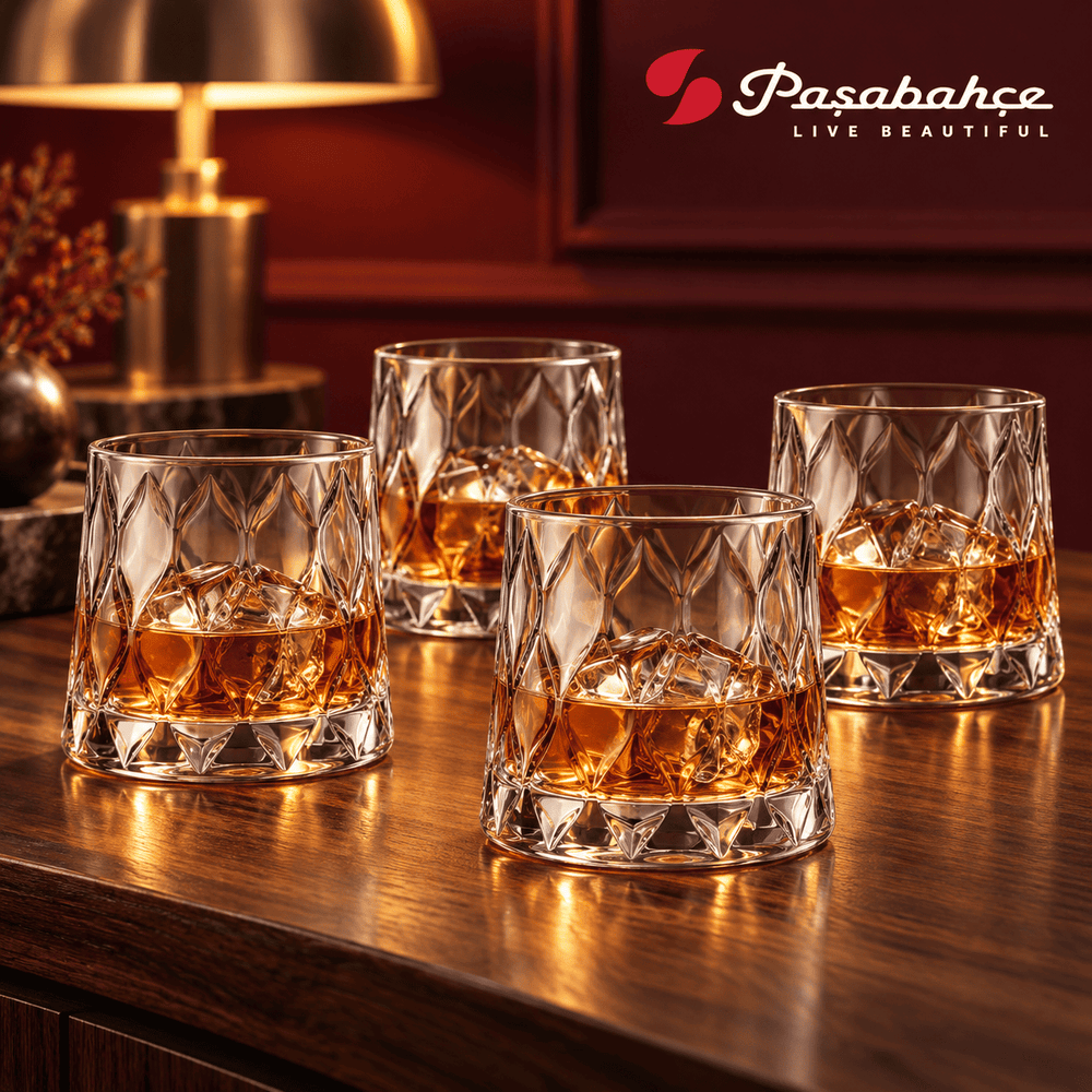 Pasabahce Leafy Whisky Tumbler Glass Set of 4 -  300 ml, Transparent