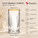Pasabahce Elysia Highball Tumbler Glass Set of 4 -  280 ml, Transparent
