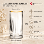 Pasabahce Elysia Highball Tumbler Glass Set of 4 -  280 ml, Transparent