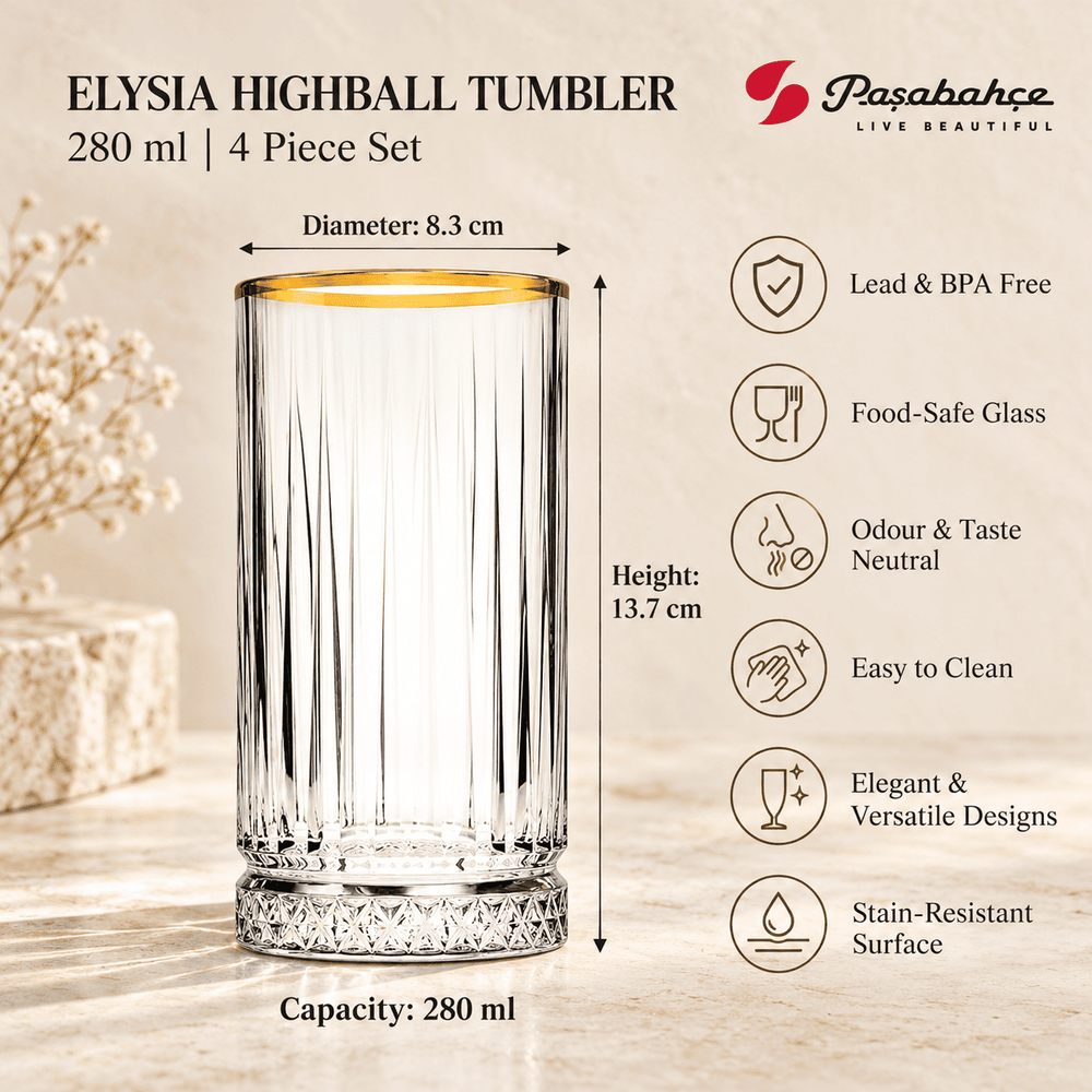 Pasabahce Elysia Highball Tumbler Glass Set of 4 -  280 ml, Transparent