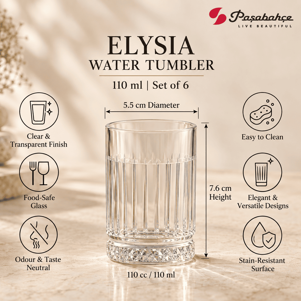 Pasabahce Elysia Water Tumbler Glass Set of 6 -  110 ml, Transparent