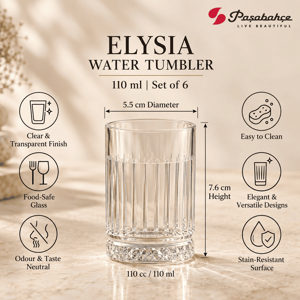 Pasabahce Elysia Water Tumbler Glass Set of 6 -  110 ml, Transparent