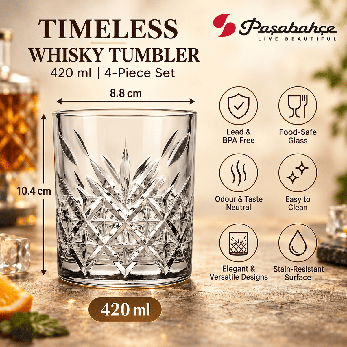Pasabahce Timeless Whisky Tumbler Glass Set of 4 -  420 ml, Transparent