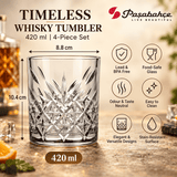 Pasabahce Timeless Whisky Tumbler Glass Set of 4 -  420 ml, Transparent